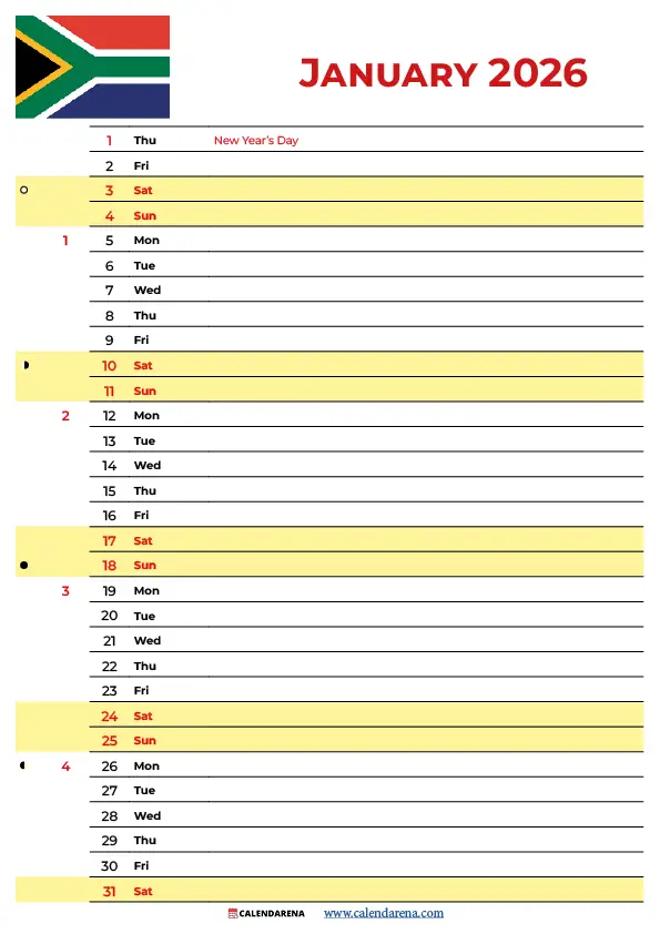 January Calendar 2026 South Africa