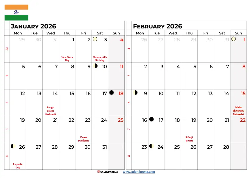 January February 2026 Calendar India