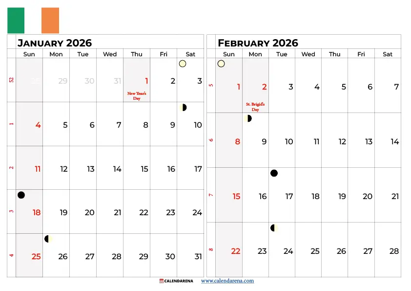 January February 2026 Calendar Ireland