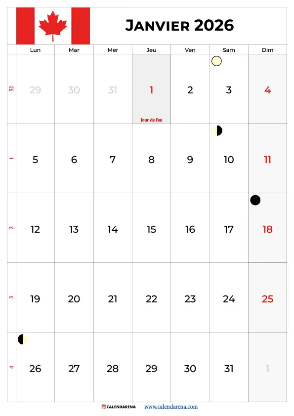 Janvier 2026 Calendrier Quebec
