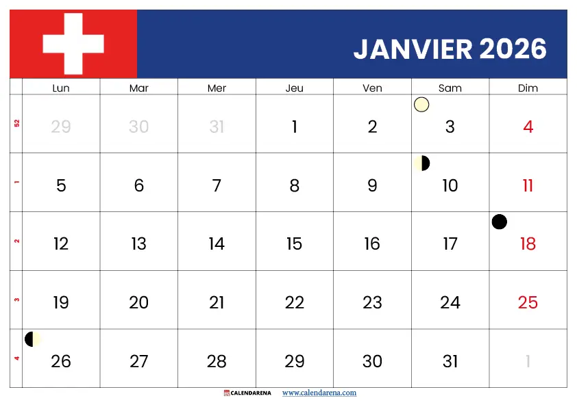 Janvier 2026 Calendrier Suisse