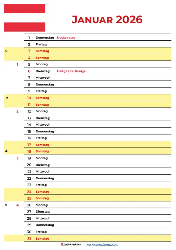 Kalender 2026 Januar Österreich