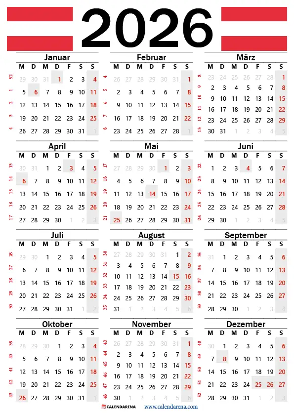 Kalender 2026 Österreich Mit Feiertagen