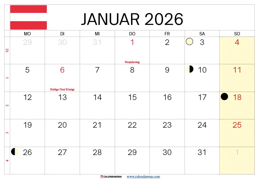 Kalender Januar 2026 Mit Feiertagen Österreich