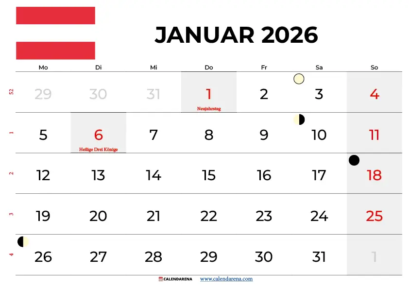 Kalender Januar 2026 Österreich