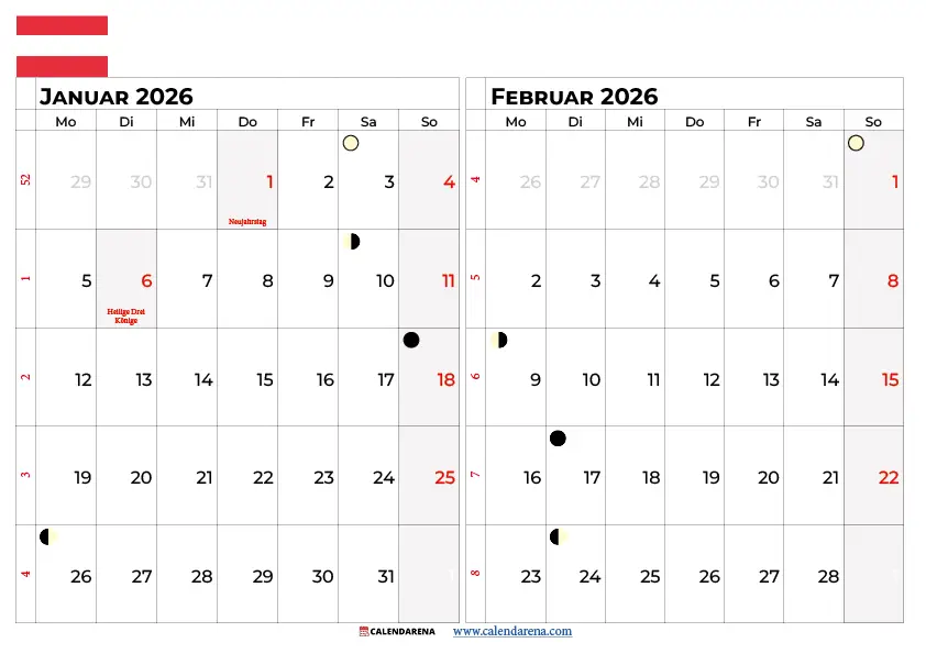 Kalender Januar Februar 2026 Österreich