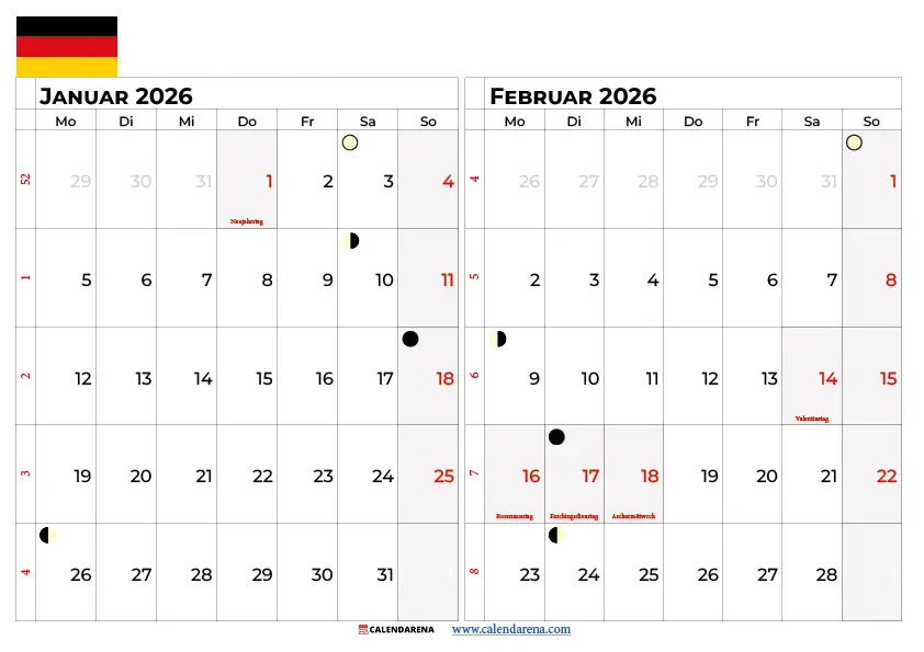 Kalender Januar Februar 2026