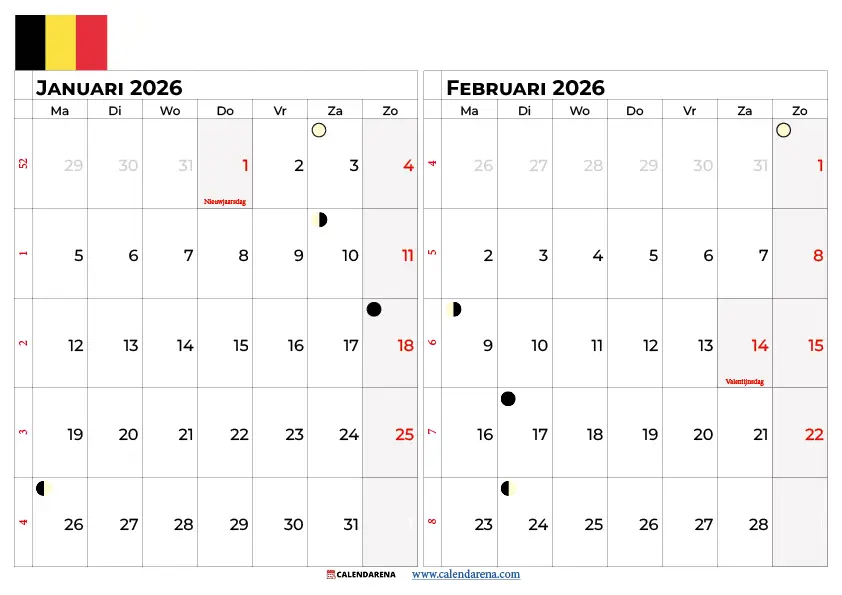 Kalender Januari Februari 2026 België