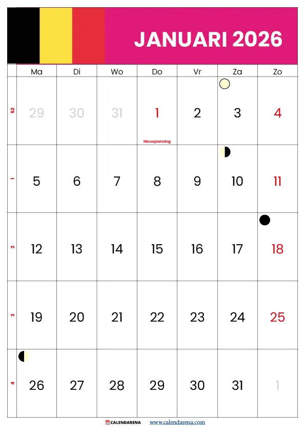 Kalender Maand Januari 2026 België
