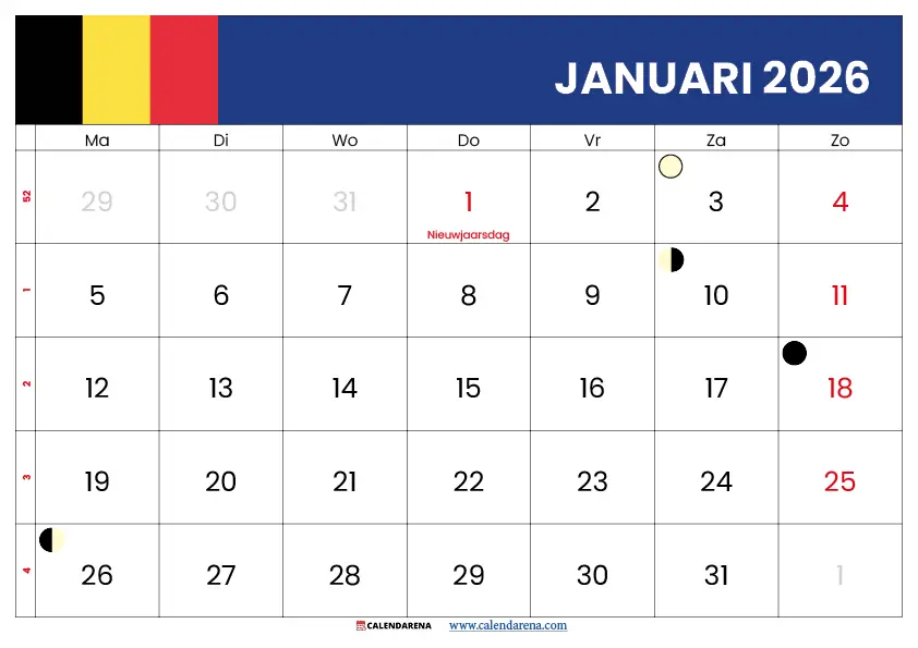 Maandkalender Januari 2026 België