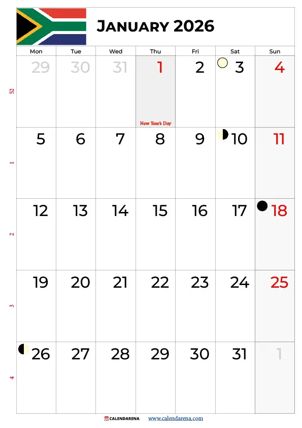 Printable Calendar January 2026 South Africa
