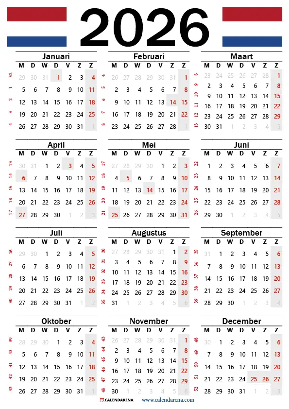 Weeknummers 2026 Kalender Nederland