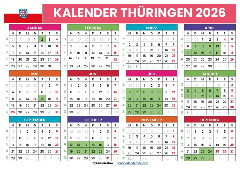  Ferien Thüringen 2026 - Kostenloser Kalender PDF Illustration 