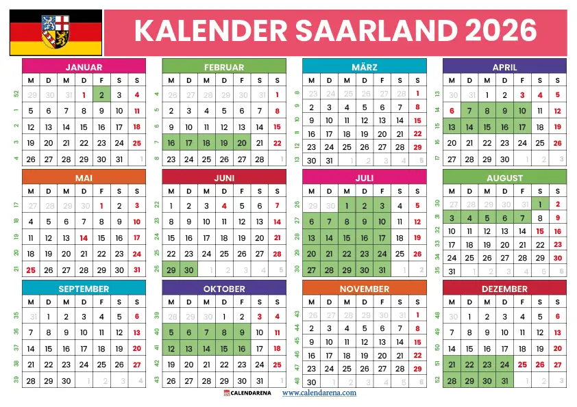 Kalender 2026 Saarland Kostenlos Drucken Ferien