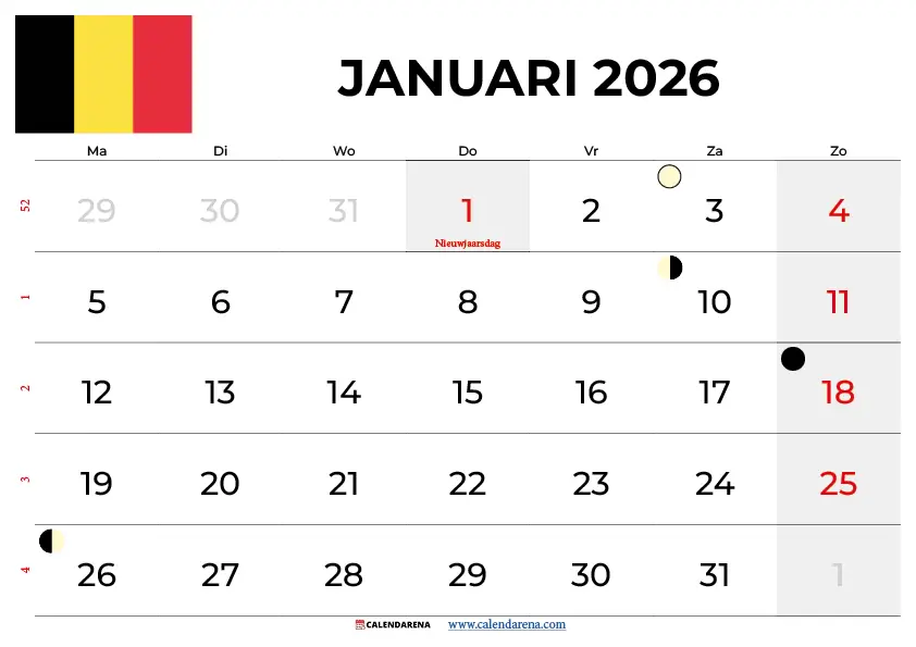 kalender januari 2026 pdf België