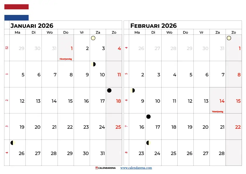 kalender januari Februari 2026