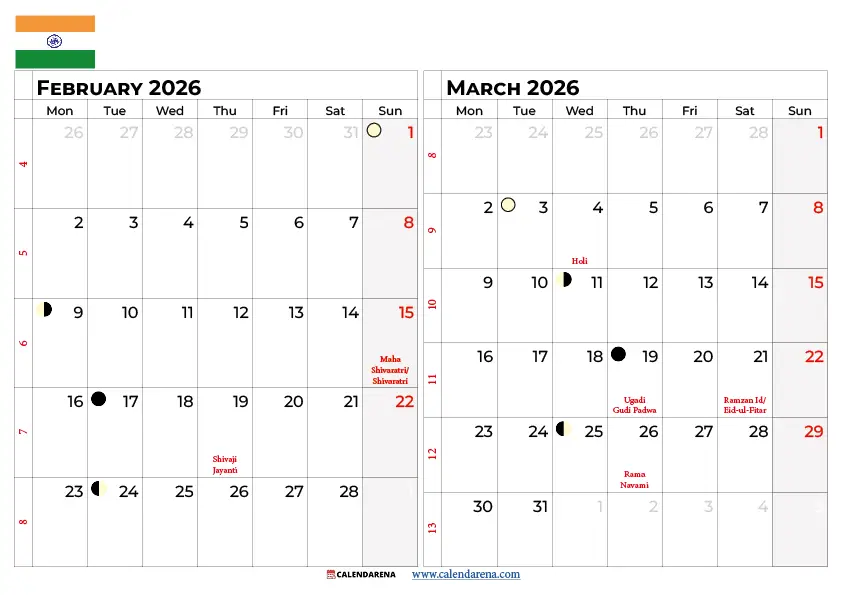2026 Calendar February And March India