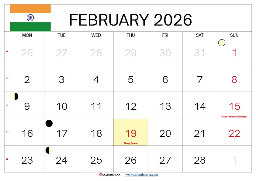 2026 February Calendar India