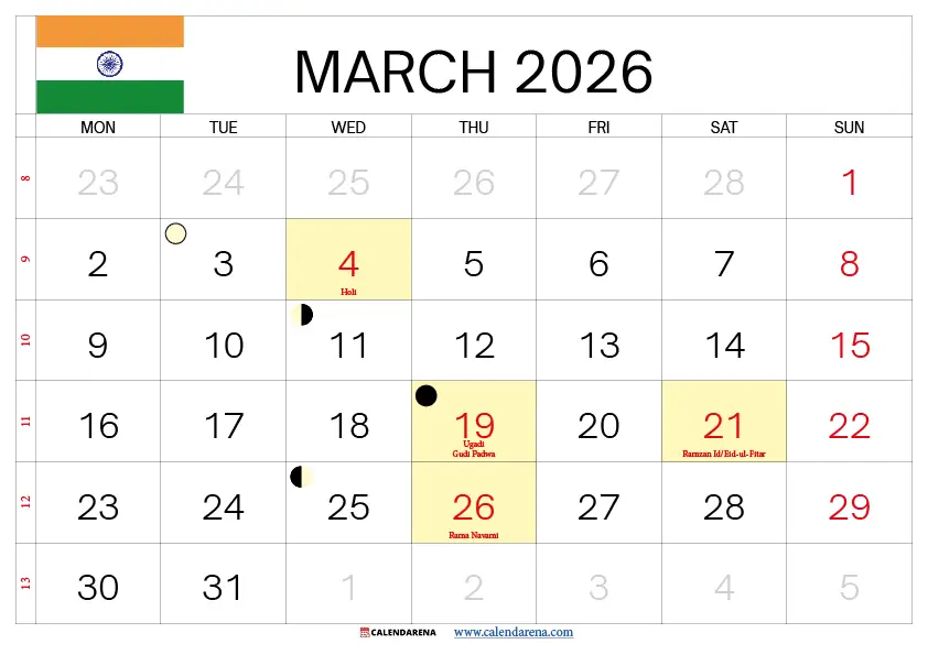 2026 March Calendar India