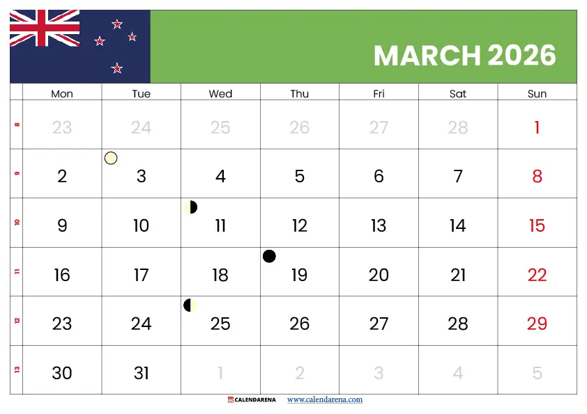 2026 March Calendar Nz