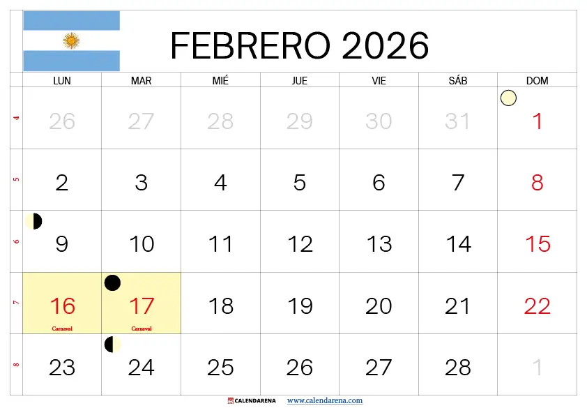 Almanaque Febrero 2026 Para Imprimir Argentina