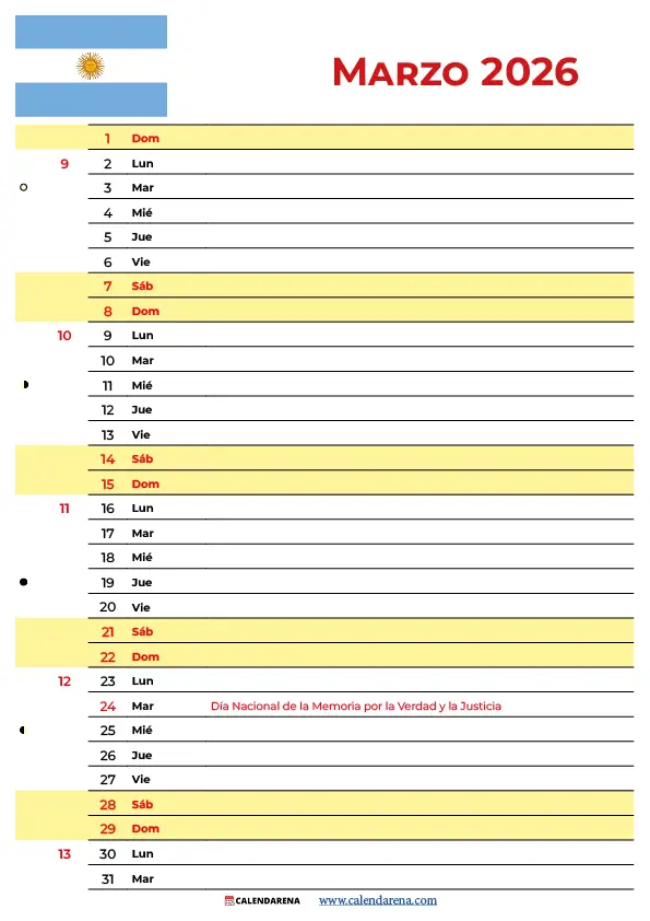 Almanaque Marzo 2026 Para Imprimir Argentina
