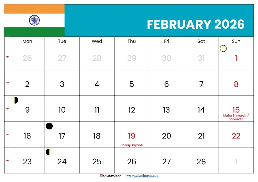 Calendar 2026 February Month India