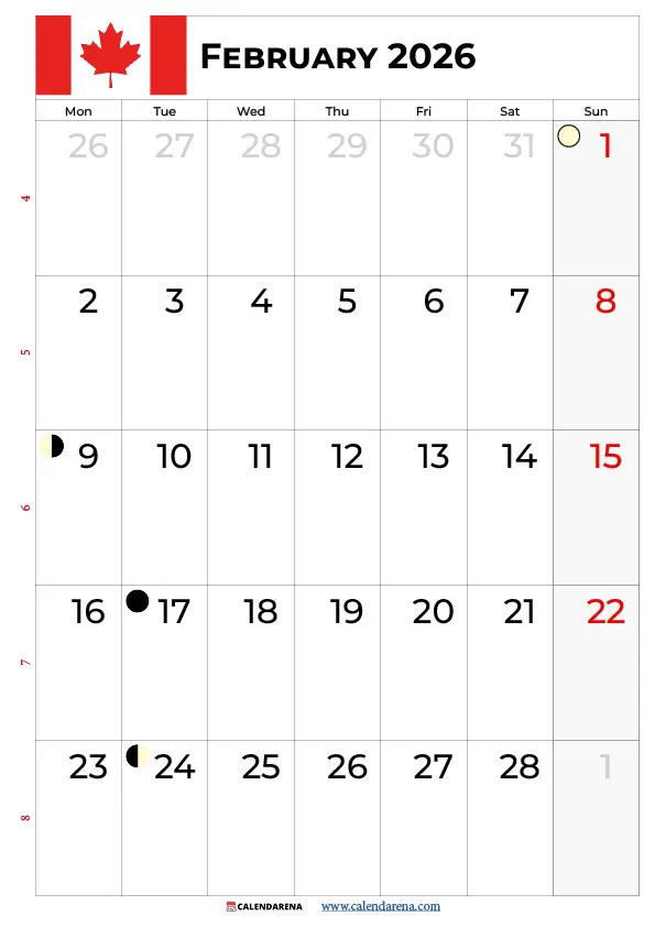 Calendar February 2026 Canada