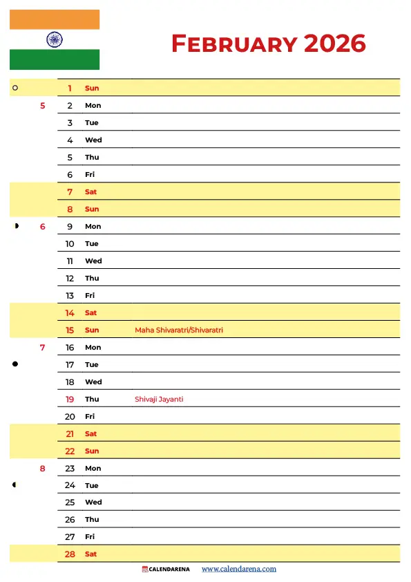 Calendar February 2026 India
