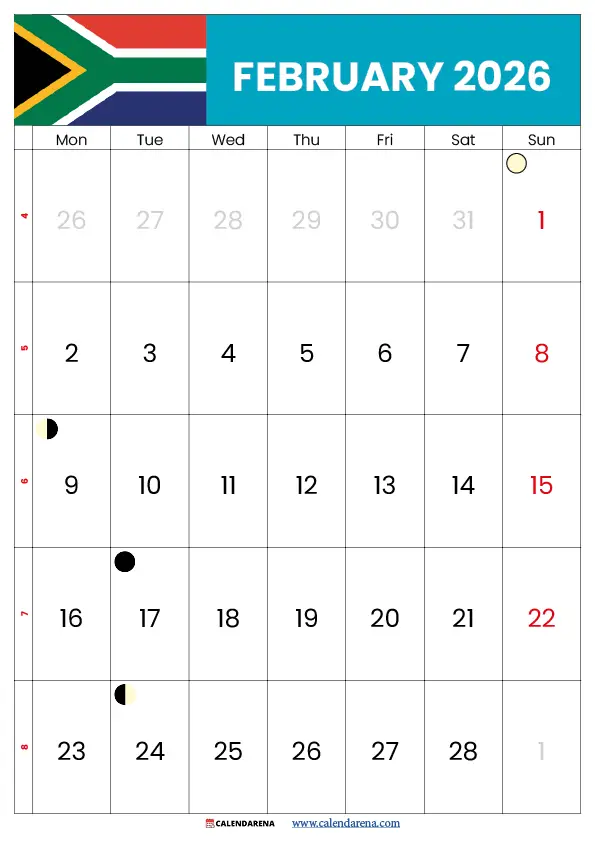 Calendar February 2026 South Africa South Africa