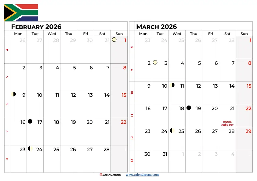 Calendar For February And March 2026 South Africa