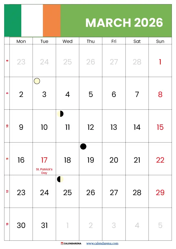 Calendar For March 2026 Ireland