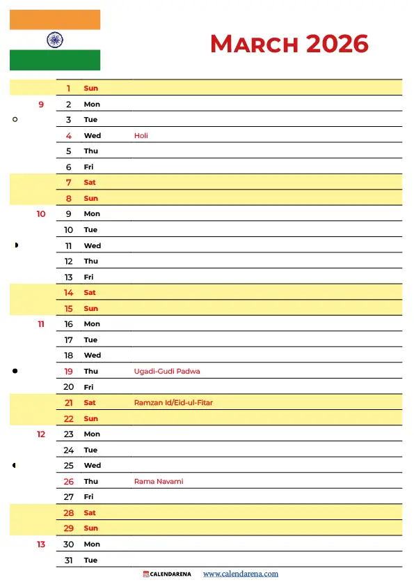 Calendar March 2026 India