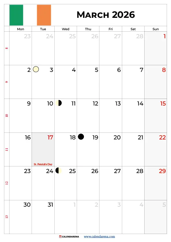 Calendar March 2026 Ireland