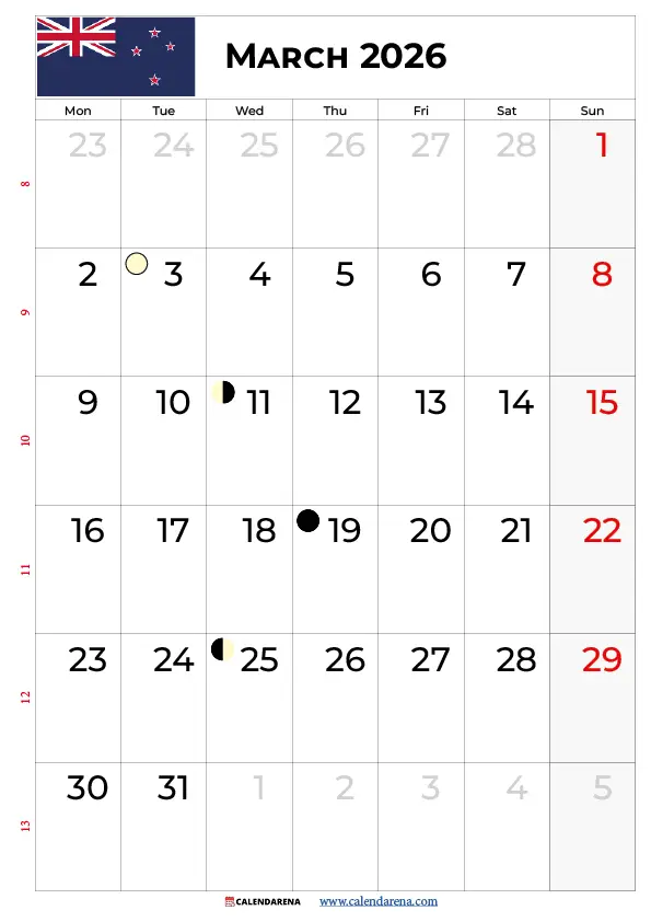 Calendar March 2026 Nz