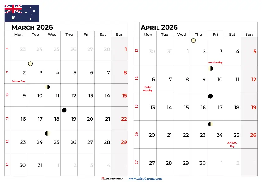 Calendar March April 2026 Australia