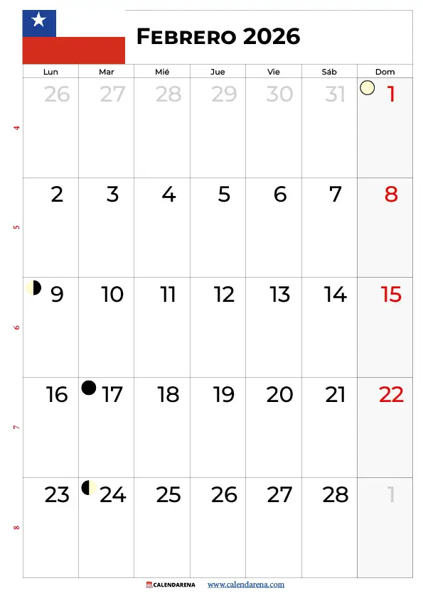 Calendario 2026 Febrero Chile