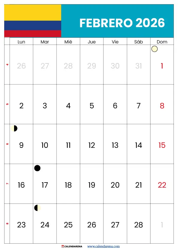 Calendario 2026 Febrero Colombia