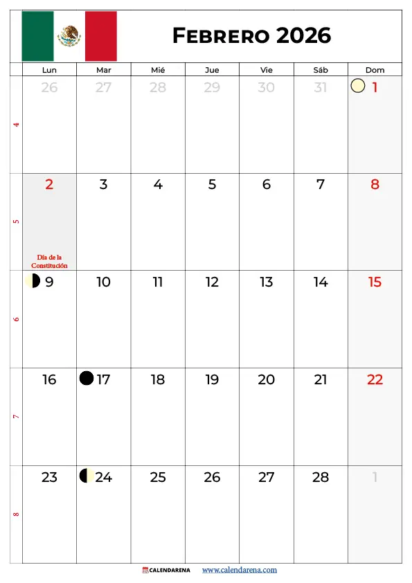 Calendario 2026 Febrero Mexico