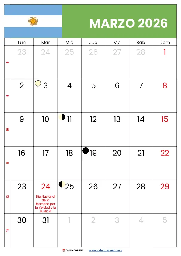 Calendario 2026 Marzo Para Imprimir Argentina