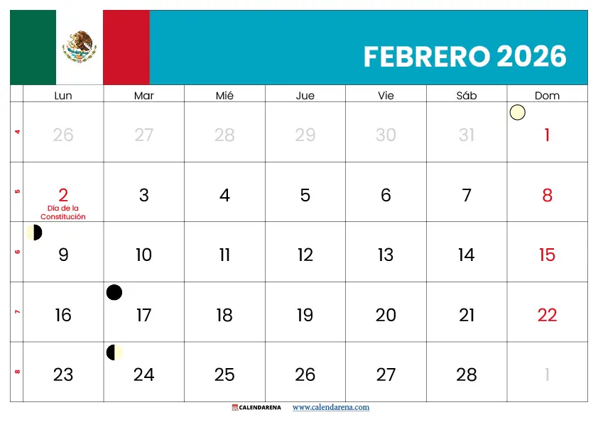 Calendario De Febrero 2026 Mexico