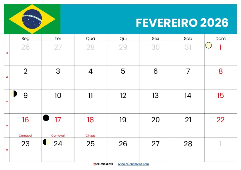 Calendário De Fevereiro 2026 Brasil