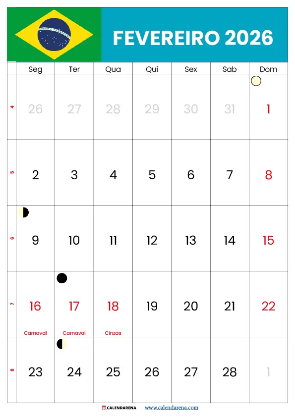 Calendario De Fevereiro 2026 Brasil