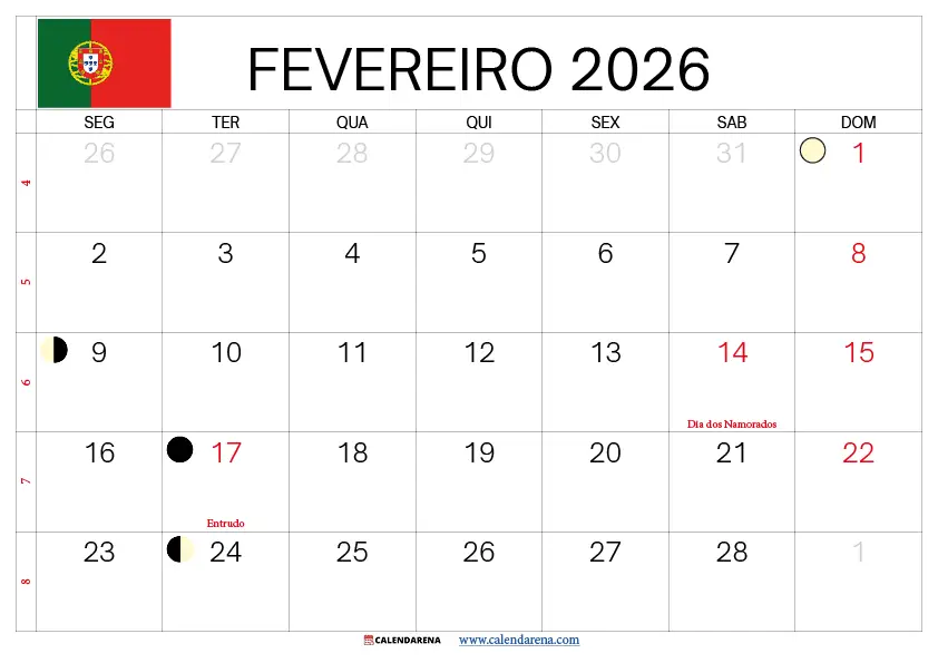 Calendário De Fevereiro 2026 Portugal