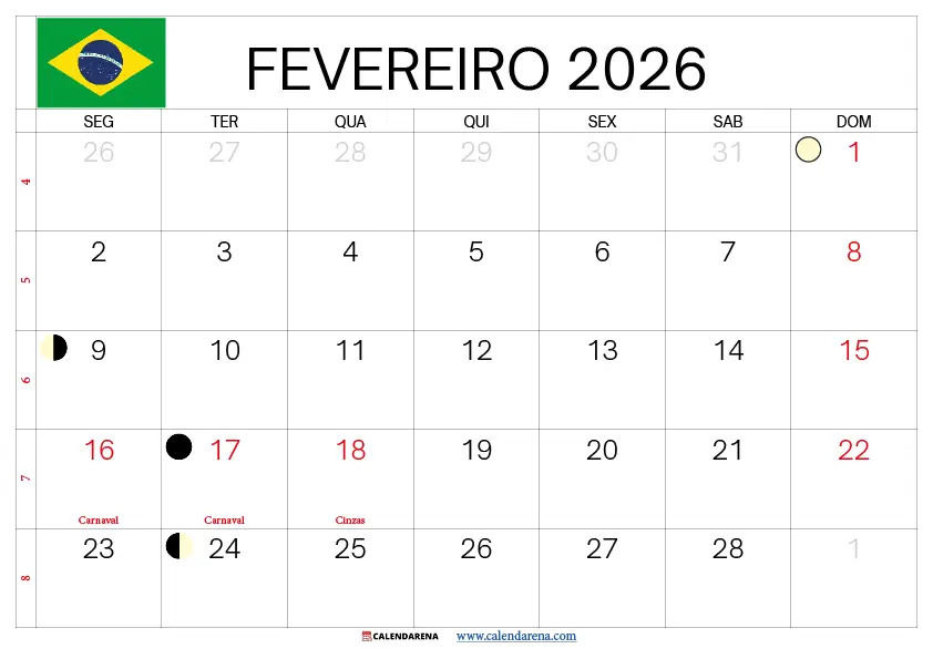 Calendário De Fevereiro De 2026 Brasil