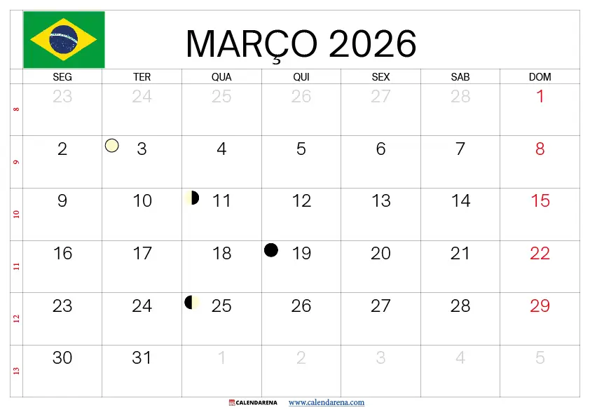 Calendário De Março De 2026 Brasil