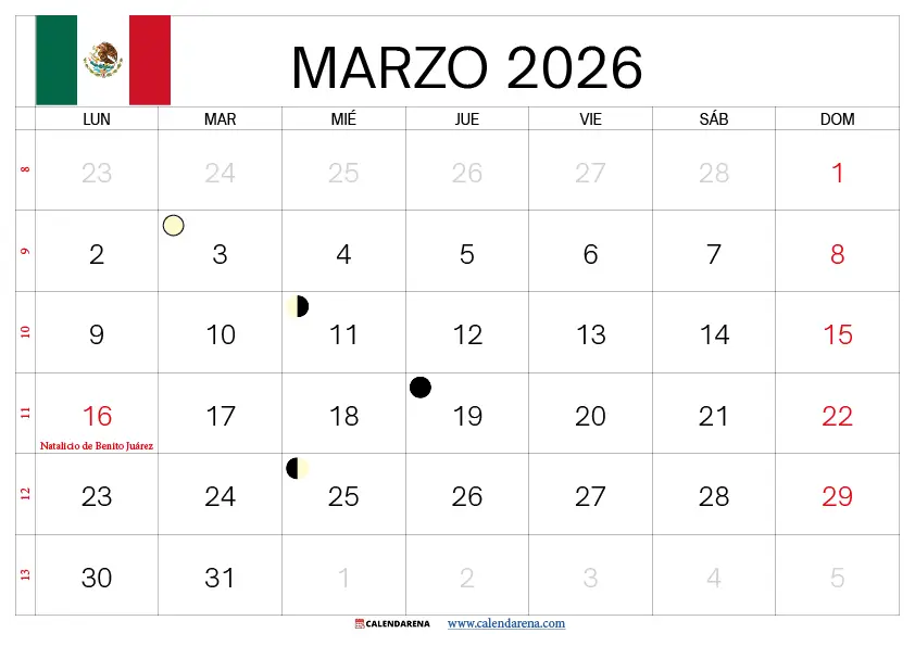 Calendario De Marzo 2026 México