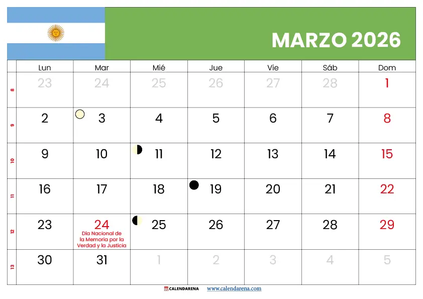 Calendario De Marzo 2026 Para Imprimir Argentina
