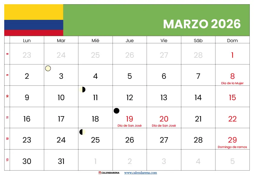 Calendario De Marzo Del 2026 Colombia