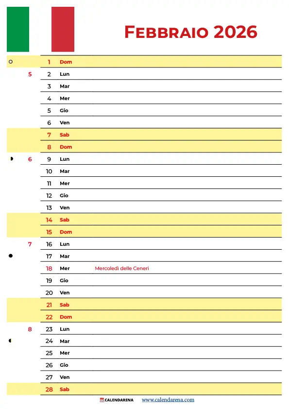 Calendario Febbraio 2026 Da Stampare Verticale